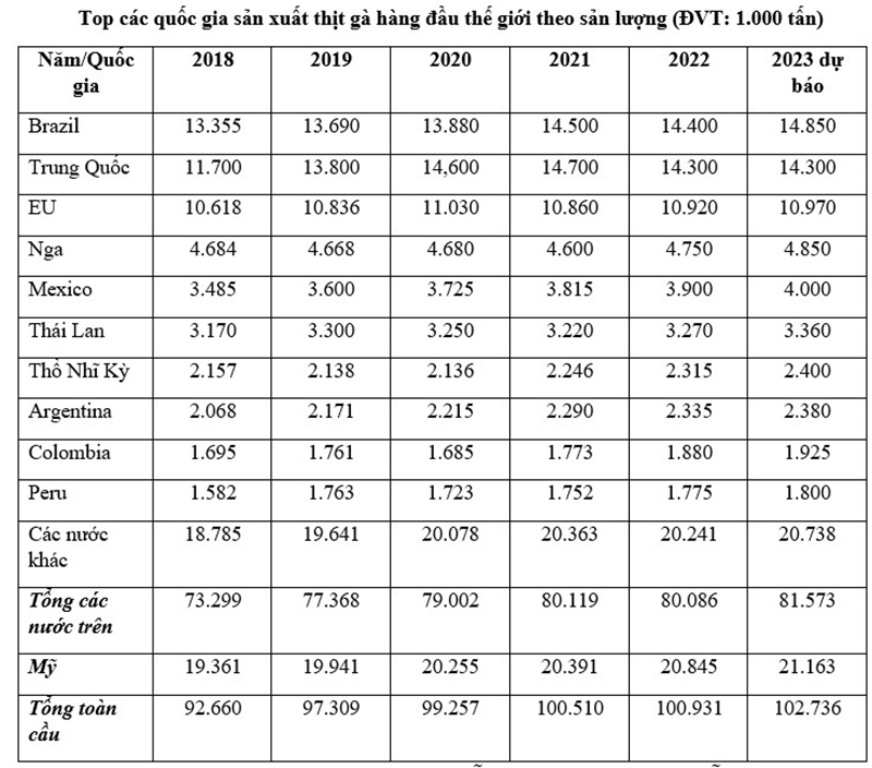 top quốc gia sản xuất thịt gà